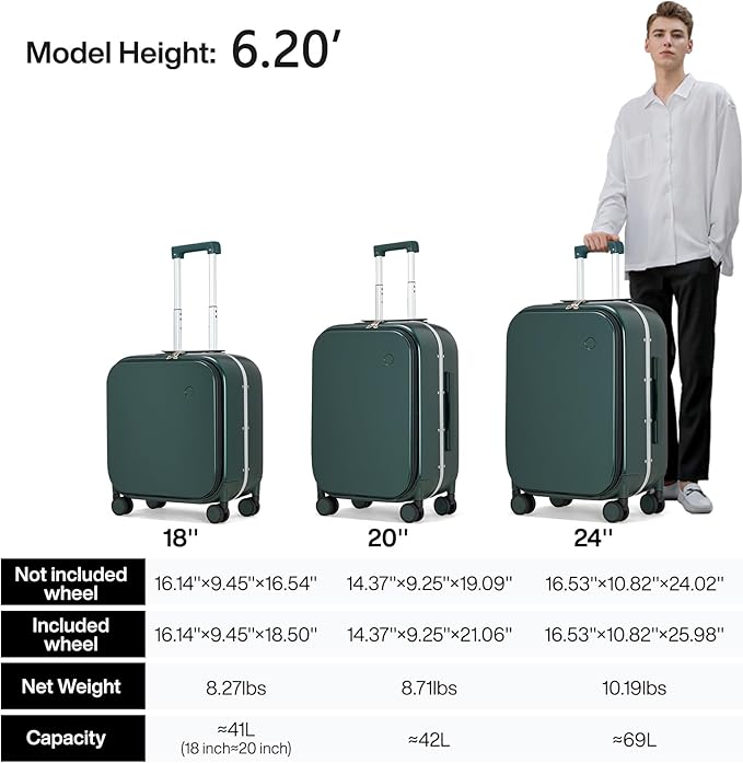 mixi Carry On Luggage, 18” Suitcase with Front Laptop Pocket, Travel Luggage Aluminum Frame PC Hardside with Spinner Wheels & TSA Lock and Cover (Not for Underseat), Blackish Green