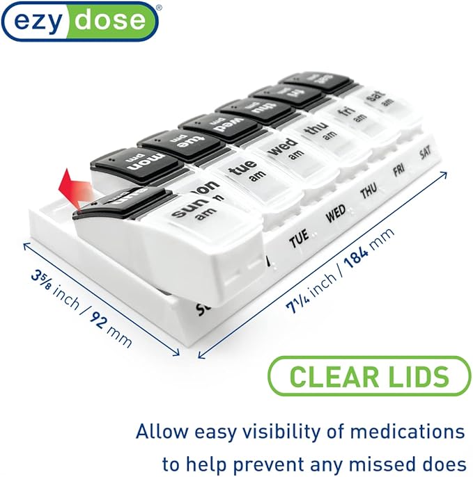 EZY DOSE Weekly (7-Day) Daily AM/PM Pill Case, Medicine Planner, Vitamin Organizer, Supplement Container, Large Pop-Out Compartments, Designed for Travel 2 Times a Day, Black and White Lids