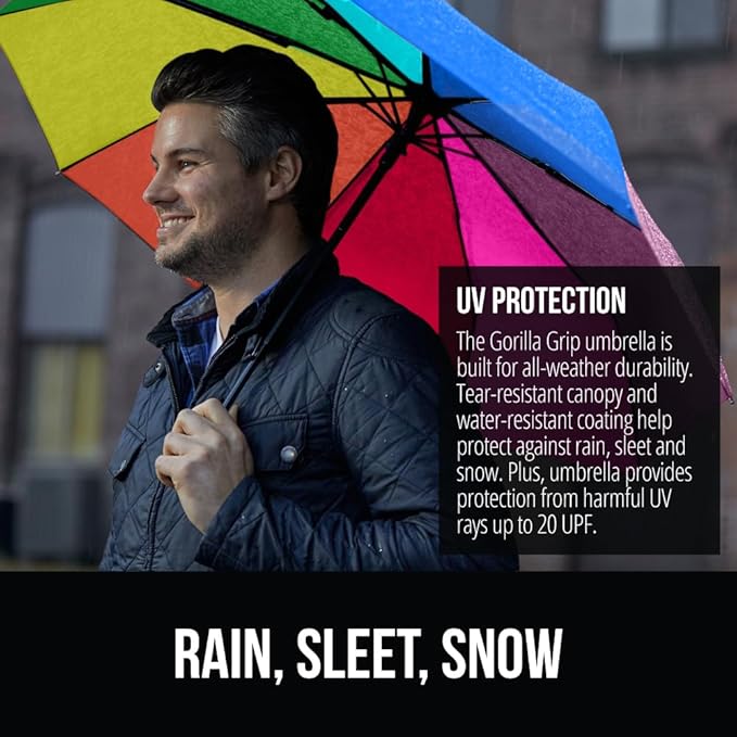 GORILLA GRIP Strong Stick Umbrella for Rain, Compact Travel One-Click Automatic Open Close, Lightweight, Portable, US Designed Reinforced Fiberglass Ribs, Wind Resistant, Easy Collapse, Rainbow