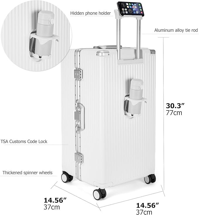 feilario 30in Super Large Captain Aluminum Frame Hardside Spinner Wheels Luggage, Removable Wheels Zipperless Checked Suitcase with Cup Holder/Phone Holder