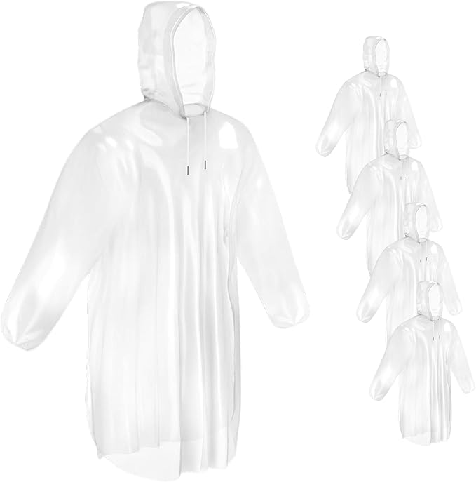 Mindful Design Rain Ponchos with Drawstring Hood (4 Pack) Disposable Emergency Clear Poncho for Adults