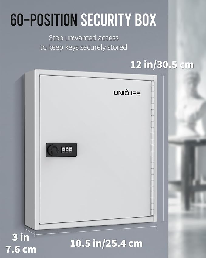 Uniclife 60 Position Slotted Key Cabinet with Combination Lock Resettable White Digital Security Storage Box Steel Key Organizer with Slotted Racks White Key Tag Labels and Permanent Pen
