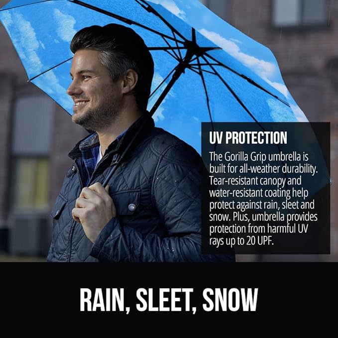 GORILLA GRIP Strong Stick Umbrella for Rain, Compact Travel One-Click Automatic Open Close, Lightweight, Portable, US Designed Reinforced Fiberglass Ribs, Wind Resistant, Easy Collapse, Sky Blue