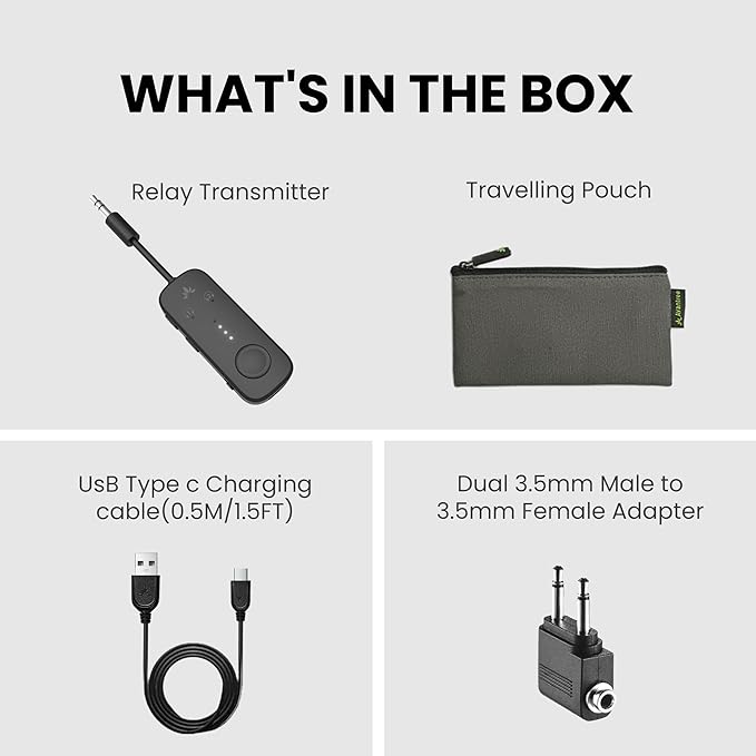 Avantree Relay - Airplane Bluetooth 5.3 Adapter with Qualcomm aptX Adaptive, Supports 2 AirPods or Headphones, 20Hr Playtime, 3.5mm AUX Wireless Audio Transmitter for Travel Flight, Airline, Gym