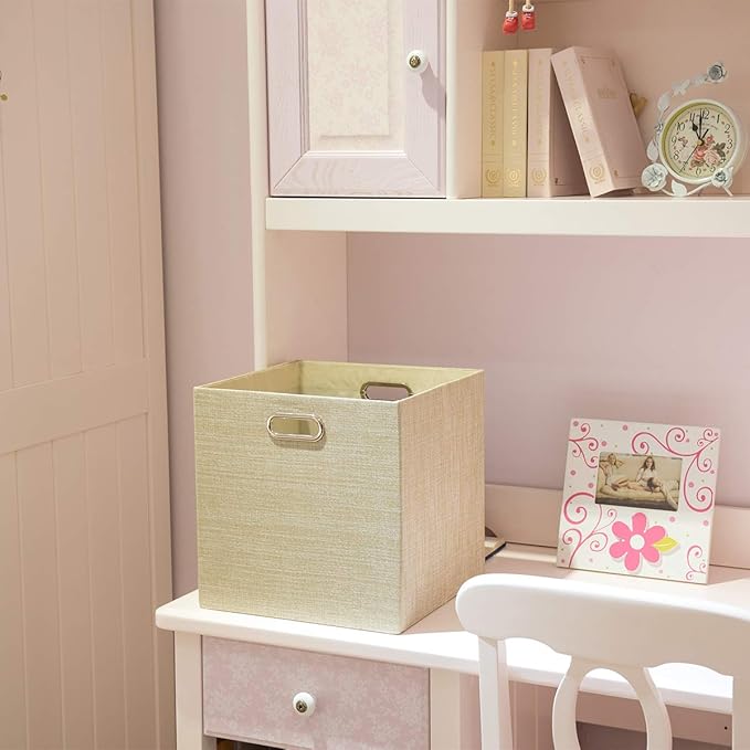 Foldable Storage Bins,13×13 Storage Cubes Basket Containers for Shelf Cabinet Bookcase Boxes,Thick Fabric Drawers - Set of 2, Beige