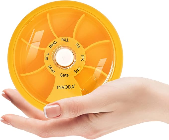 INVODA Weekly Pill Organizer 7 Compartment Rotating Pill Box for Daily Medication & Vitamins - Portable Travel Pill Case Fish Oil Supplements Vitamins Organizer (Orange+Bag)