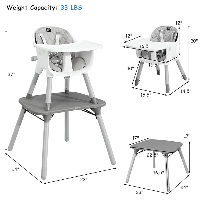 HONEY JOY 5-in-1 High Chair, Convertible Highchair for Babies and Toddlers/Kids Chair Table Set/Infant Feeding Chair w/Safety Harness, PU Leather Cushion & Removable Food Tray (Gray)