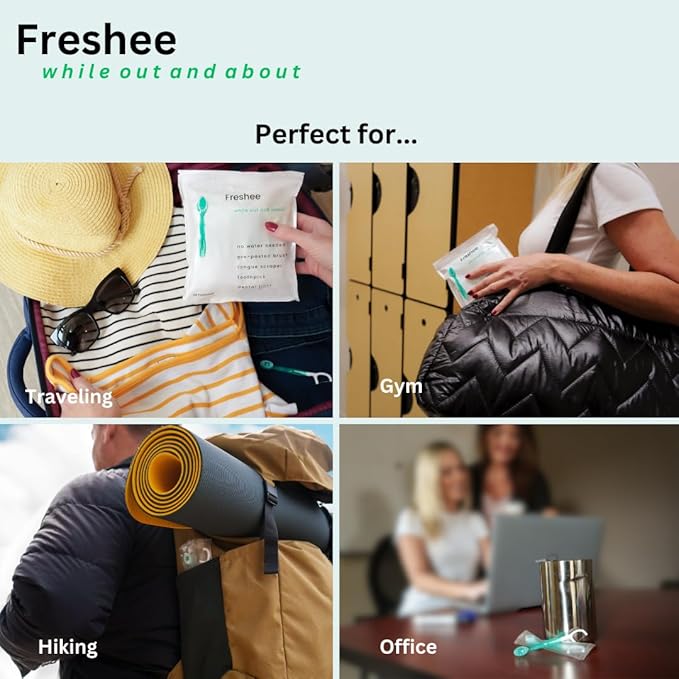 Freshee Bead -5 in 1 Disposable Mini Toothbrush with Refreshing Bead + Floss + Pick + Tongue Scraper | Travel Size | Individually Wrapped | Soft | Extra Minty | Travel Set