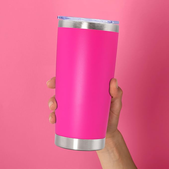 20oz Tumbler Stainless Steel Tumbler Cup with Lid Vacuum Insulated Double Wall Travel Mug, Durable Powder Coated Travel Coffee Tumbler Mug for Hot & Cold Drinks, Hot Pink,1 Pack