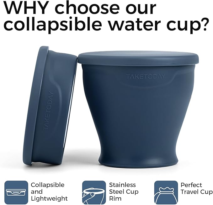 TakeToday 2PCS Collapsible Travel Cup - Silicone Foldable Water Cup, BPA-Free with Lid & Waterproof Bag - Drinking Cup Set for Camping, Outdoors & International Travel（8 Oz, Navy & Blue）