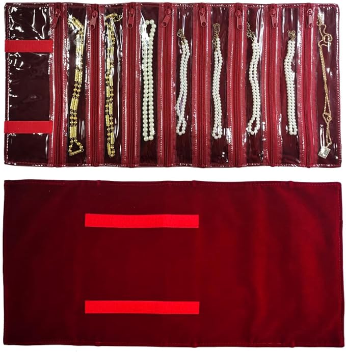 Travel Jewelry Roll Bag Portable Organizer Pouch With Grids&PVC Cover Storage Bags for Necklace, Bracelet, Bracelet,Ring, Badge, Pendant
