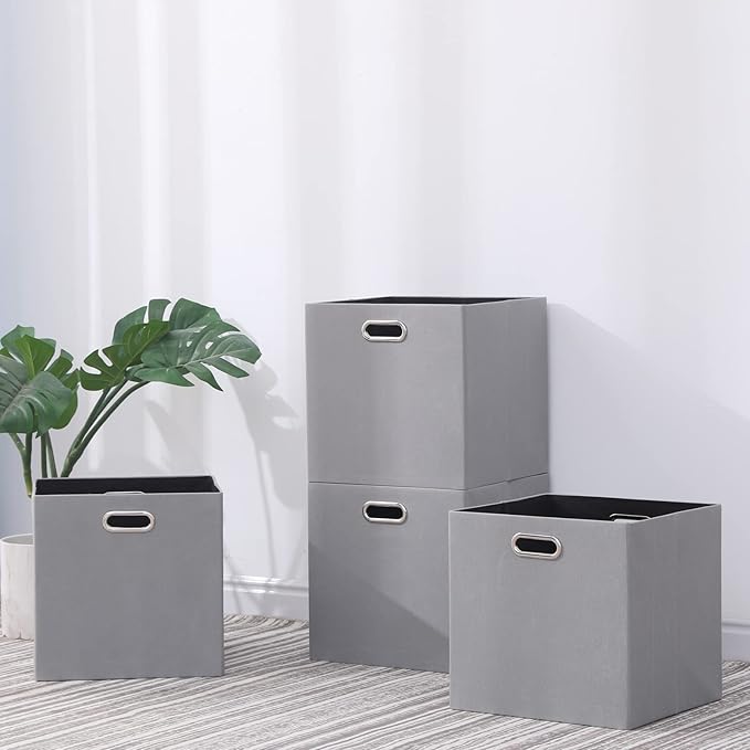 Cube Storage Bins 13×13 Polyester Foldable Box with Handles, Collapsible Organization Basket Set of 4 Large Capacity Drawer for Closet Shelf Cabinet Bookcase Bedroom, Light Gray
