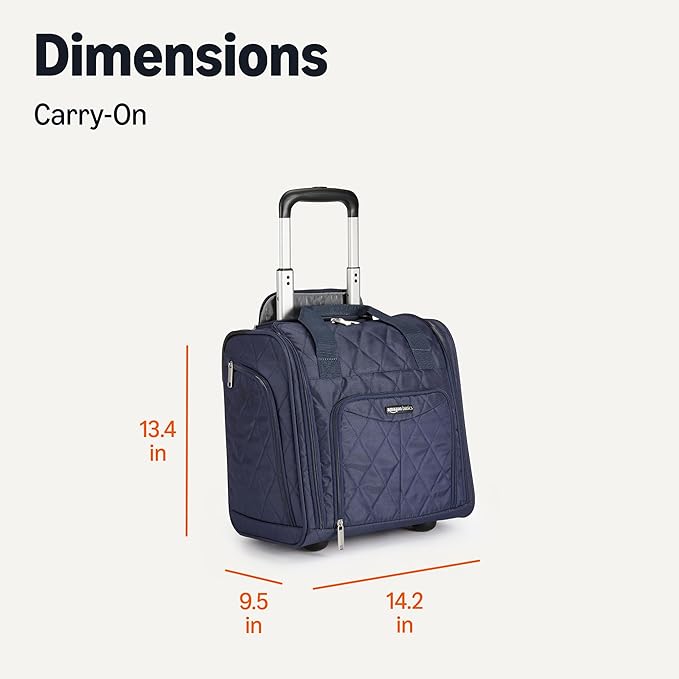 Amazon Basics Underseat Carry On Luggage with Wheels - 14" Rolling Travel Bag, Navy Quilted