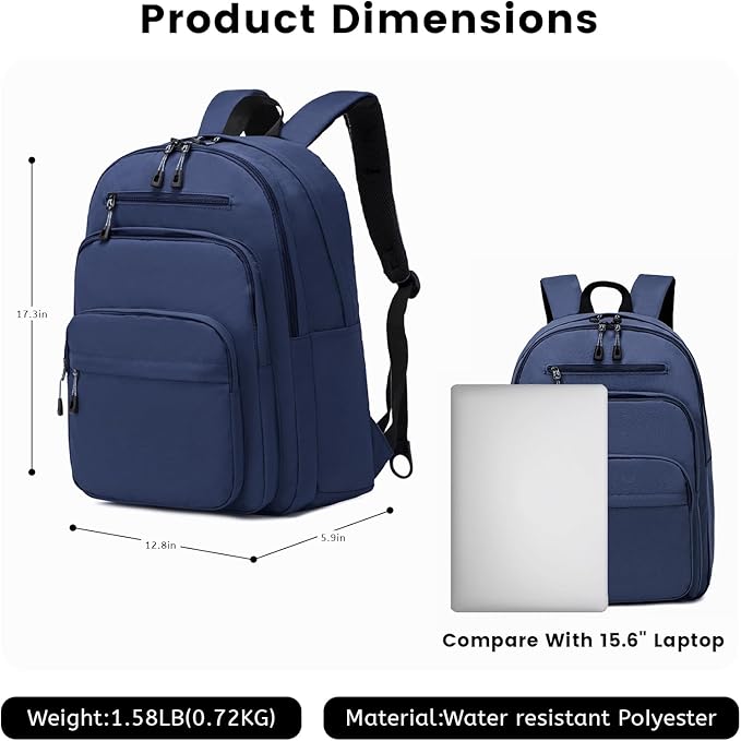 Lanola Basic Multi-Pocket Multipurpose Backpack Classical Water Resistant Bookbag For School Business Travel or Casual Daypack Backpacks - Dark Blue