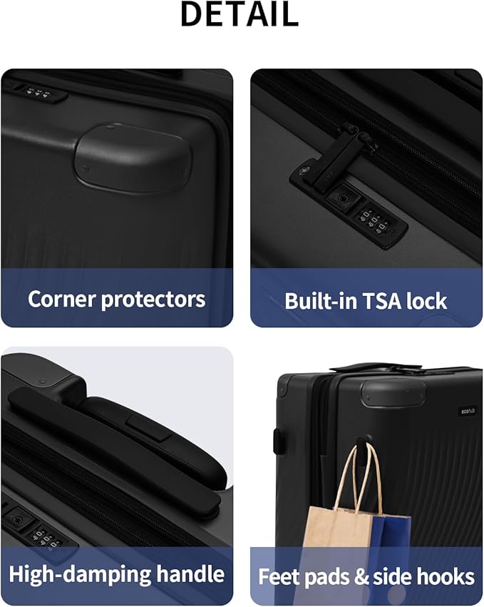 ECOHUB Hardside Expandable Carry On Luggage Sets, Recycled PC 20/24" Rolling Luggage Airline Approved with Spinner Wheels & TSA Lock, Lightweight Hardshell Travel Suitcase, 20+24 inch Carry-on Black