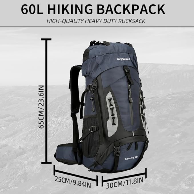 King'sGuard 60L Hiking Backpack Large Waterproof Camping Backpack for Men and Women Lightweight Frameless Backpacking Backpack with Rain Cover (Navy Blue)