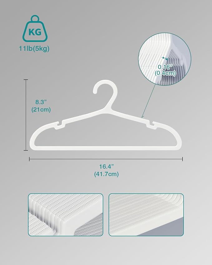 100 Pack Clothes Hangers, Non Slip Plastic Coat Hangers, Space Saving Hangers, Heavy Duty, Hanging Dry Wet Clothes, 16.4" x 8.3", White, UAPY05100W