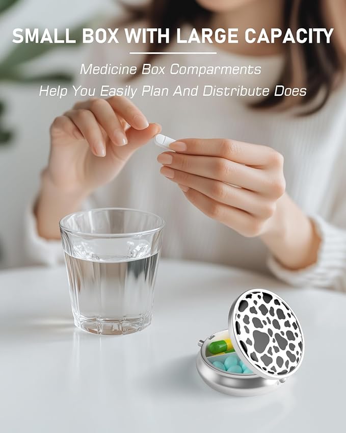 Pill Box, 3 Compartment Portable Travel Medicine Box with Mirror, Compact and Cute, Fits in Purse and Pocket, Medicine and Vitamin Organizer (Cow)