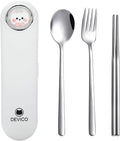 DEVICO Travel Utensils with Case Cute, Reusable Silverware for Lunch, Portable Cutlery Set, 18/8 Stainless Steel Fork Spoon Chopsticks in Cartoon Case, Dishwasher Safe (White)
