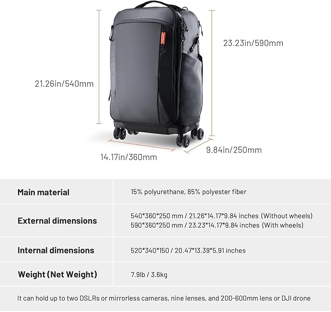 PGYTECH 2-in-1 Roller Camera Backpack, DSLR/SLR/Mirrorless Bag for Travel Photographers, Rolling Luggage with Tripod & Removable Modular & Rain Cover, Compatible with Canon, Nikon, Sony