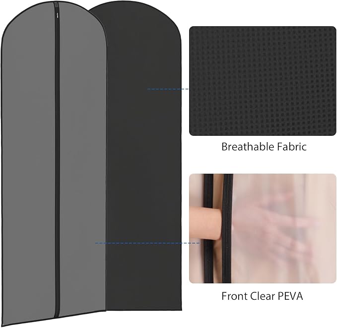 Zilink Clear Dress Bags for Gowns Long 65'' Garment Bags for Hanging Clothes Foldable Long Garment Bags for Dresses for Closet Storag - Clear/Black, 3 Pack