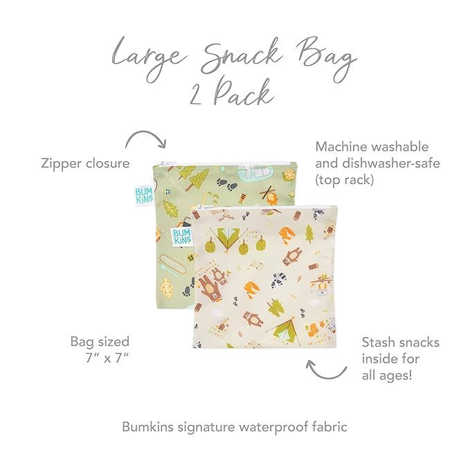 Bumkins Reusable Sandwich and Snack Bags, for Kids School Lunch and for Adults Portion, Washable Fabric, Waterproof Cloth Zip Bag, Travel Pouch, Food-Safe Storage, Large 2-pk Green Camp Friends