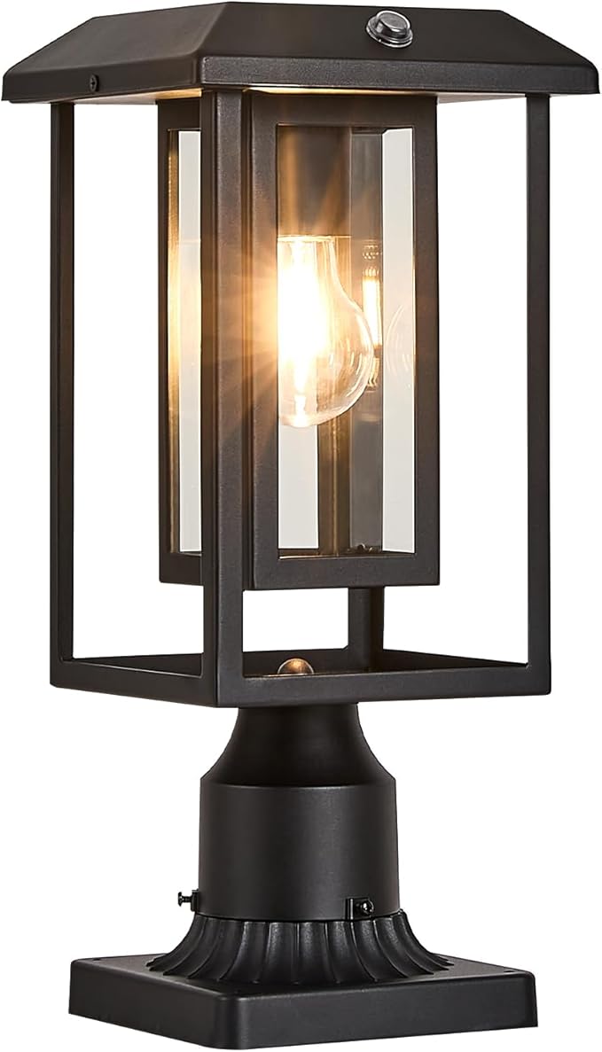 Solar Lamp Post Lights for Outdoor with Pier Mount Base, Dusk to Dawn Pole Light Head with Waterproof, Exterior Solar Powered Pillar Lights Fixture for Yard, Garden, Pathway, Black