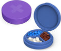 2 Pack Small Pill Box,3 Compartment Round Silicone Travel Pill Box for Purse Pocket, Waterproof Portable Compact Medicine Holder for Vitamin, Cod Liver Oil, Supplement(Purple+Blue)