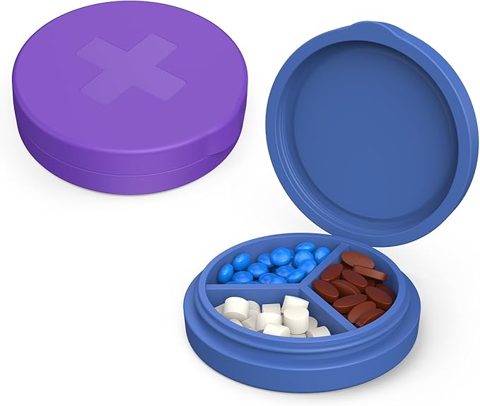 2 Pack Small Pill Box,3 Compartment Round Silicone Travel Pill Box for Purse Pocket, Waterproof Portable Compact Medicine Holder for Vitamin, Cod Liver Oil, Supplement(Purple+Blue)