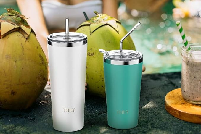 THILY Vacuum Insulated Tumbler Stainless Steel 26 oz Coffee Cup with 2 Lids and Straws, Powder Coated Travel Mug, Keeps Ice Drinks Cold, White