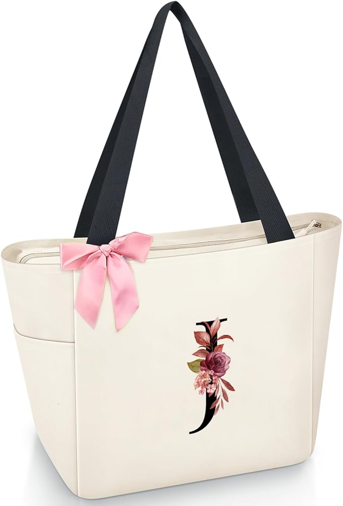 Vavabox Tote Bag, A-Z Initial Monogrammed Waterproof Tote Bag, Bridesmaid Gifts for Women, Black and Pink