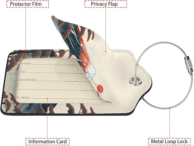 Mount Fuji 2-Pcs Premium Leather Tags with Privacy Covers,Luggage Tag Stainless Steel Loops Ideal for Suitcases, Travel Bags, Backpacks