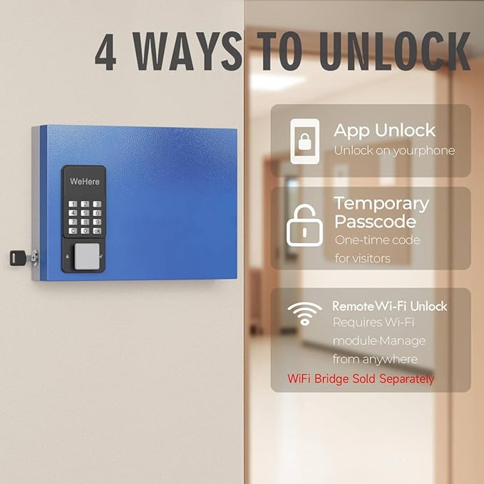 WeHere 16 Key Lock Box Wall Mount, Smart Key Cabinet with Key Tags, Bluetooth App Control, OTP & Password Unlock, Wi-Fi Remote Unlock (Bridge Sold Separately), Steel Key Safe for Office Home Business