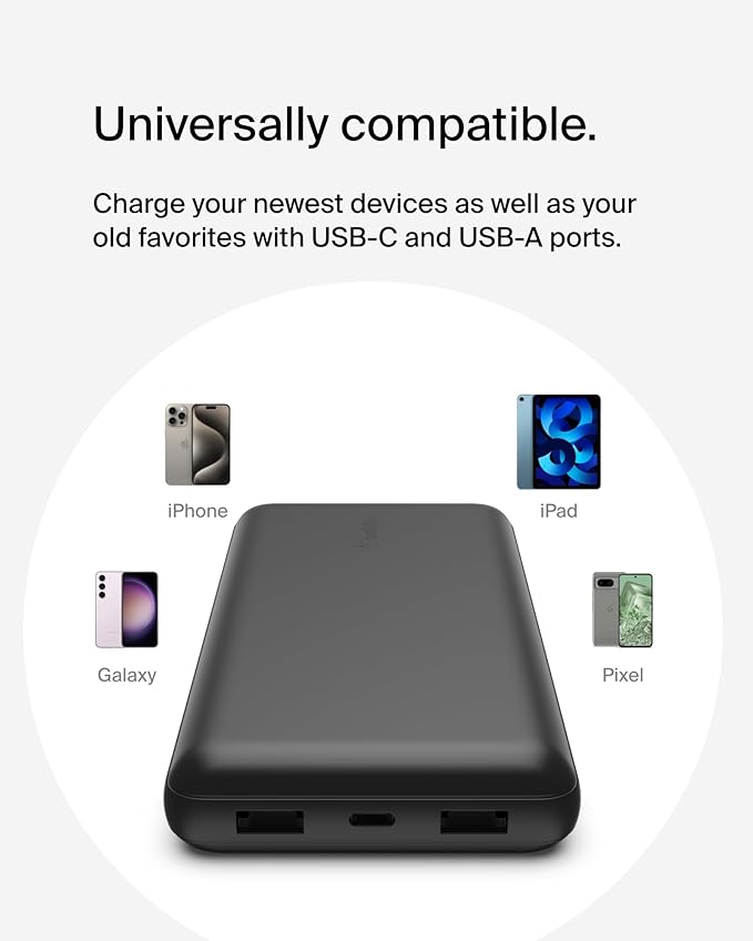 Belkin Portable Charger, USB-C Power Bank 20000 mAh w/ 2 USB-A Ports, 15W w/ Type-A to Type-C Cable for iPhone 16, 16 Plus, 16 Pro, 16 Pro Max, Samsung Galaxy S2, Google Pixel 10, etc. - Black