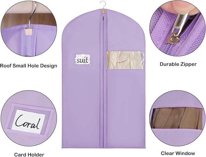 Syeeiex 40" Suit Bag, Set of 8 Garment Bags for Hanging Clothes, Suit Bags for Closet Storage, Garment Bags for Suits, T-shirts, Jackets, Coats, Business Wear(Purple)