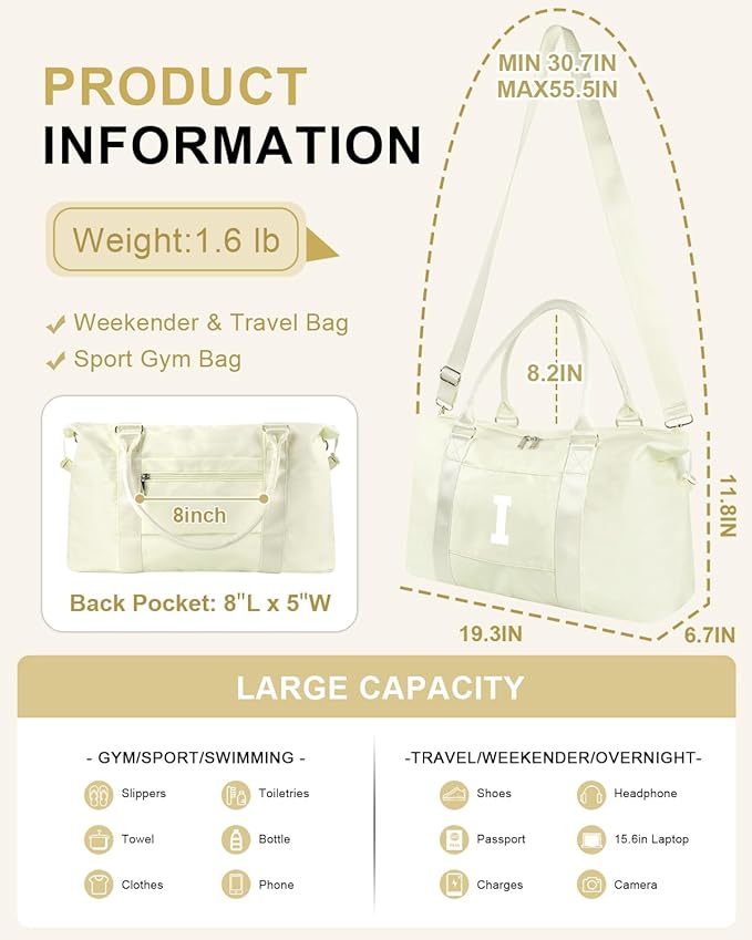 Initial Travel Duffel Bag Sports Gym Bag for Kids Teen Birthday Gifts,Beige Personalized Weekender Bag Carry On Dance Bags for Women Men,Waterproof Monogram Overnight Bag with Trolley Sleeve(Letter I)