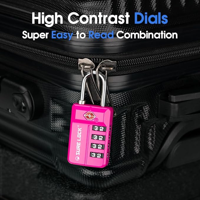 SURE LOCK TSA Approved 4-Digit Resettable Combination Luggage Locks with Open Alert, Easy-Read Dials - for Luggage, School Lockers, Gym, Office, Toolbox & Security Cases (Pink 1 Pack)