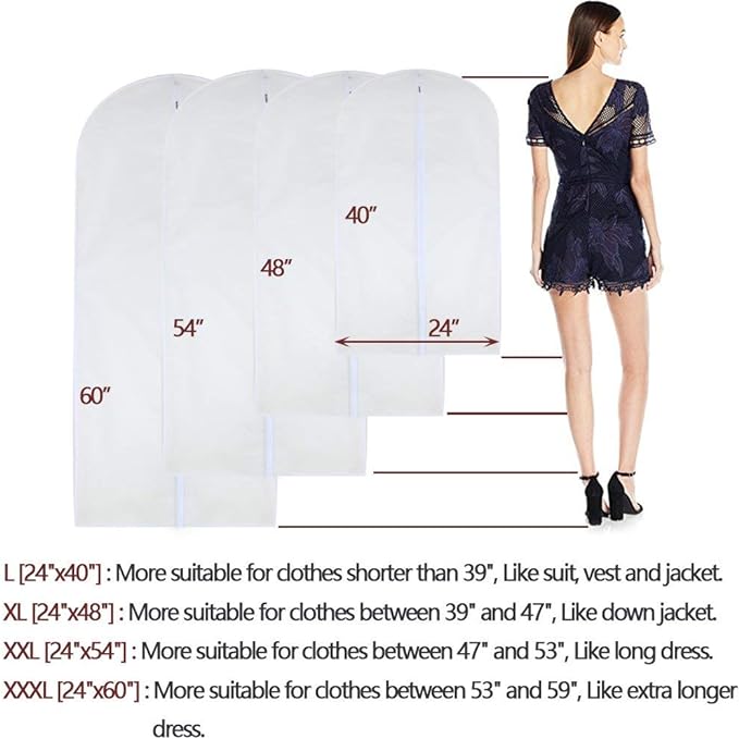 Garment Bag Clear for Long Dress 24'' x 60'' Zippered Garment Bags for Hanging Clothes White Breathable Full Zipper Dust Cover for Clothes Storage Closet Pack Of 6