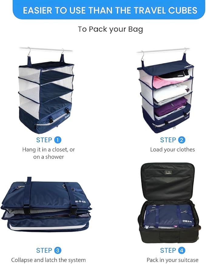 Grand Fusion Stow-N-Go Travel Luggage Organizer – Portable Hanging Travel Shelves, Carry-On Closet Organizer, Hanging Packing Cubes, Collapsible Carry-On Organizer for Cruises & Hotels. Blue - XL