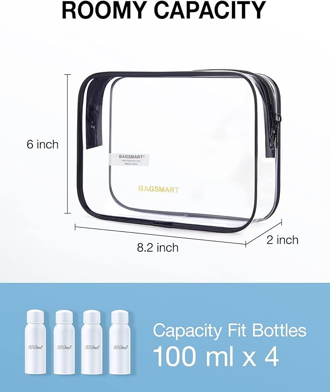 BAGSMART Clear Toiletry Bag, 2 Packs TSA Approved Water resistant Quart Size Travel Organizer, Airport Airline Travel Essential Carry On Makeup Cosmetic Bags for Women, Black