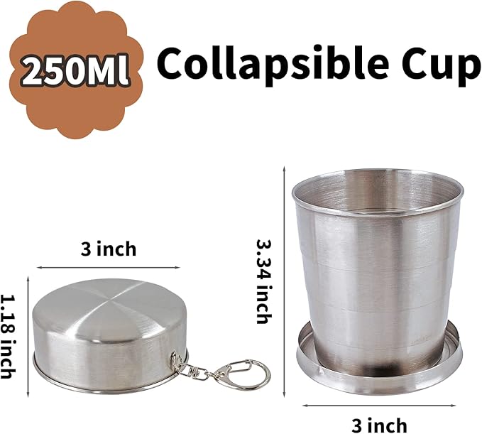 Litoexpe 8.45oz Collapsible Travel Cup With Keychain, Stainless Steel Folding Camping Cup Portable Drinking Mug For Hiking, Picnic and other Outdoor Activities, 250ml
