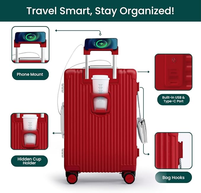 Nobl Travel Carry On Luggage, Noble Zipperless Aluminum Frame PC Hard Shell Suitcase, 20.8"x15"x8.7" Airline Approved, 360° Spinner Wheels, TSA Locks, USB Charging Port, Cup & Phone Holder - Red