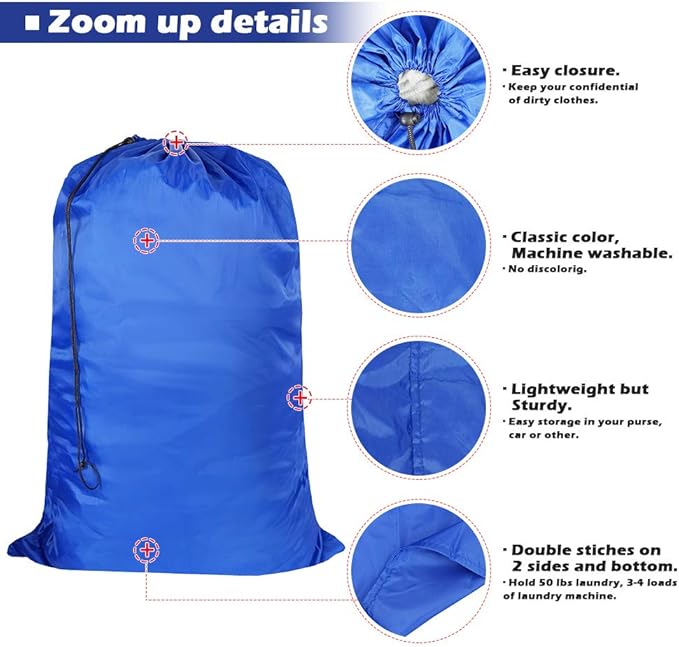 Washable Travel Laundry Bag with Drawstring, Large Dirty Clothes Bag Fit a Laundry Basket or Clothes Hamper, Enough to Hold 4 Loads of Laundry,26x39 inches (RoyalBlue Black Grey)
