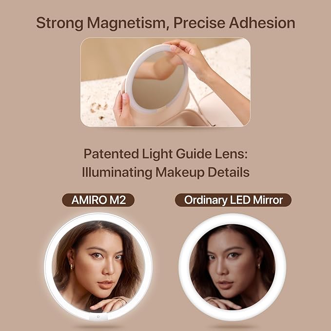 AMIRO M2 LumoCube Makeup Mirror with Bag - Portable LED Makeup Mirror with Lights, 5-Level Brightness, 3-Color Lights - Travel Makeup Organizer - Pink
