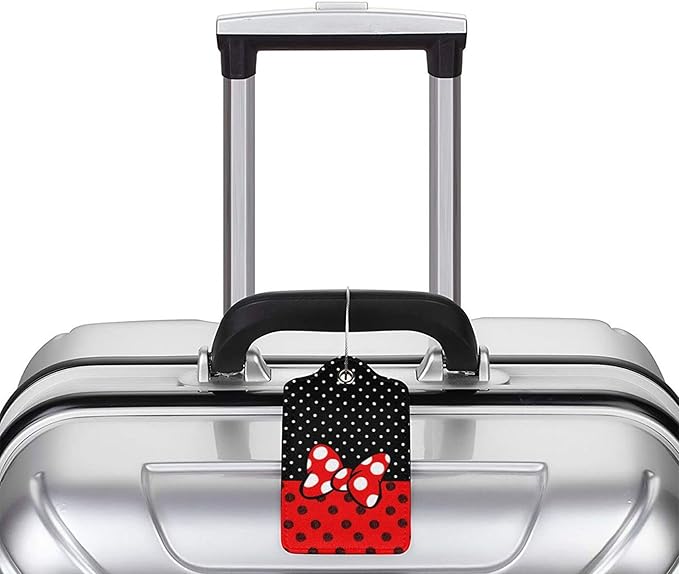 2 Pack Luggage Tags for Suitcase,Mouse Red Bow PU Leather Travel Luggage Tag with Privacy Flap, Name ID Label and Metal Loop for Women Men Suitcase Baggage Bag Backpack