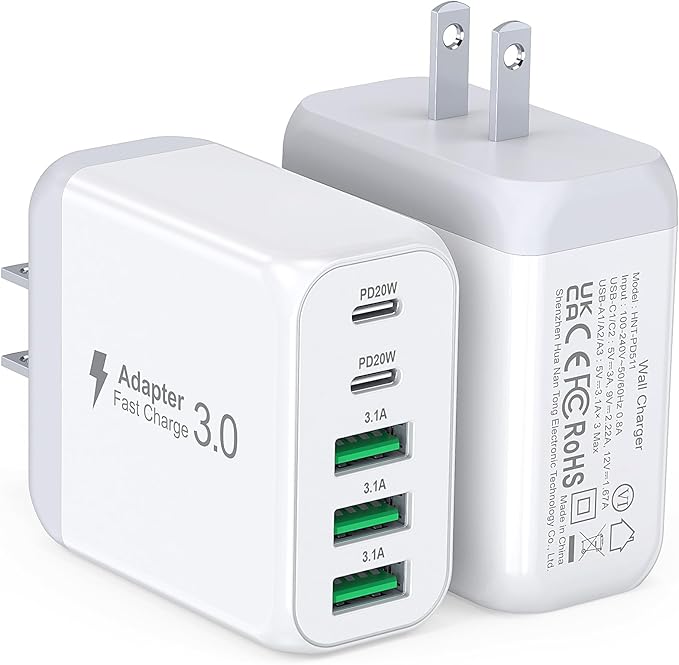 USB C Wall Charger Block, 2Pack 50W 5-Port C Charger Fast Charging Block PD Power Adapter +QC 3.0 Multiport Type C Box Brick Cube USB A Wall Plug for iPhone 16/15/14 Pro Max Plus, iPad,Samsung Galaxy