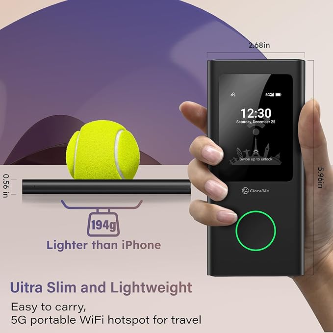 GlocalMe Numen Air 5G Hotspot with 50GB US/CA/MX Data 90Days, Portable WiFi Hotspot for Travel, Ultra High Speed Mobile Hotspot Device with Touch Screen, No SIM Card Required, 16 Connected Devices