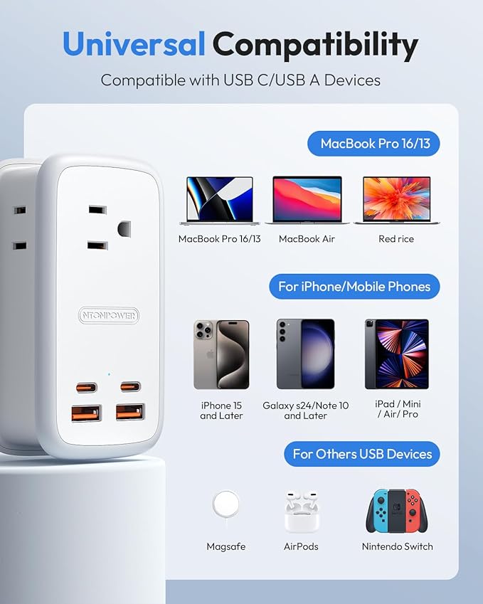 NTONPOWER GAN Ultra 65W USB Charging Station, 7 in 1 Travel Power Strip with 3 Outlets 4 USB (2 USB C), Extension Cord 4ft, Travel Essentials, Cruise Power Strip Compatible with MacBook, iPhone, White