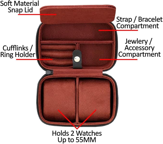 ROTHWELL 2 Watch Travel Case Storage Organizer for 2 Watches | Tough Portable Protection w/Zipper Fits All Wristwatches & Smart Watches Up to 50mm (Black/Red)