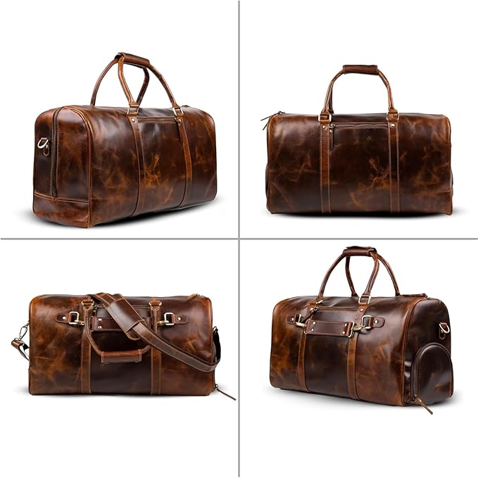 ELIZO Leather Duffle Bag For Men Women Real Full Garin Custom Travel Overnight Weekender Carry On Luggage Sports Gym Bags (Antique 20 Inch) Legacy